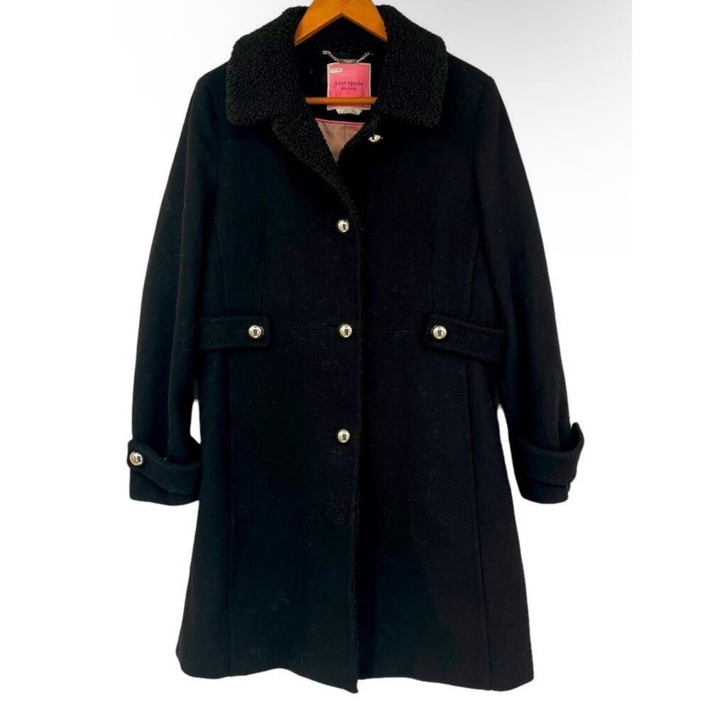 Kate Spade New York Black Wool Blend Coat Faux Fur Collar Large - Picture 2 of 9